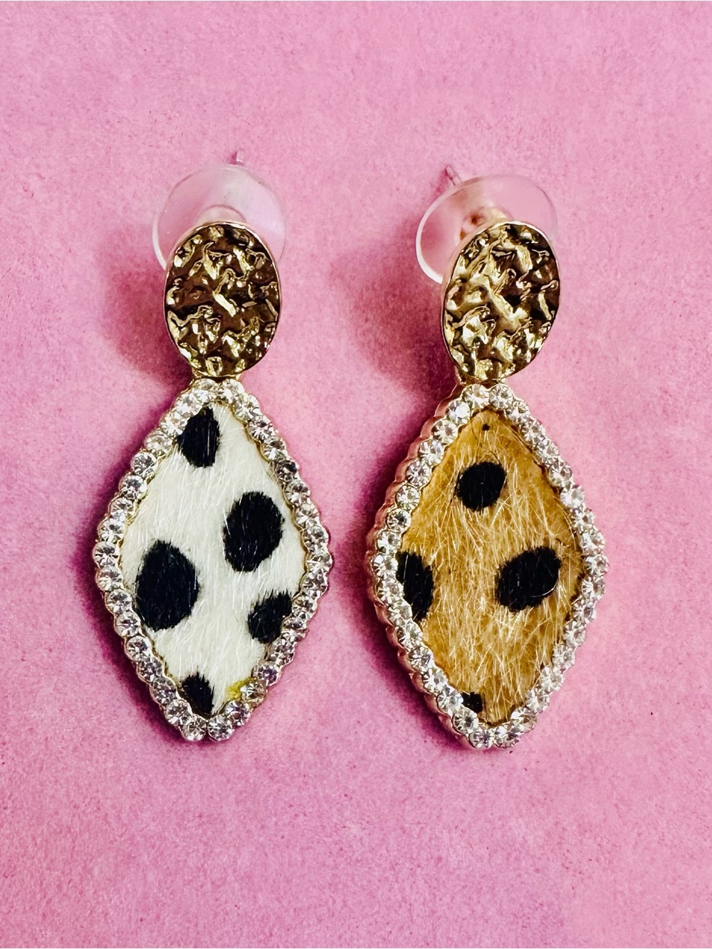 Glam Dalmatian & Leopard Print Rhinestone Drop Earrings NWT